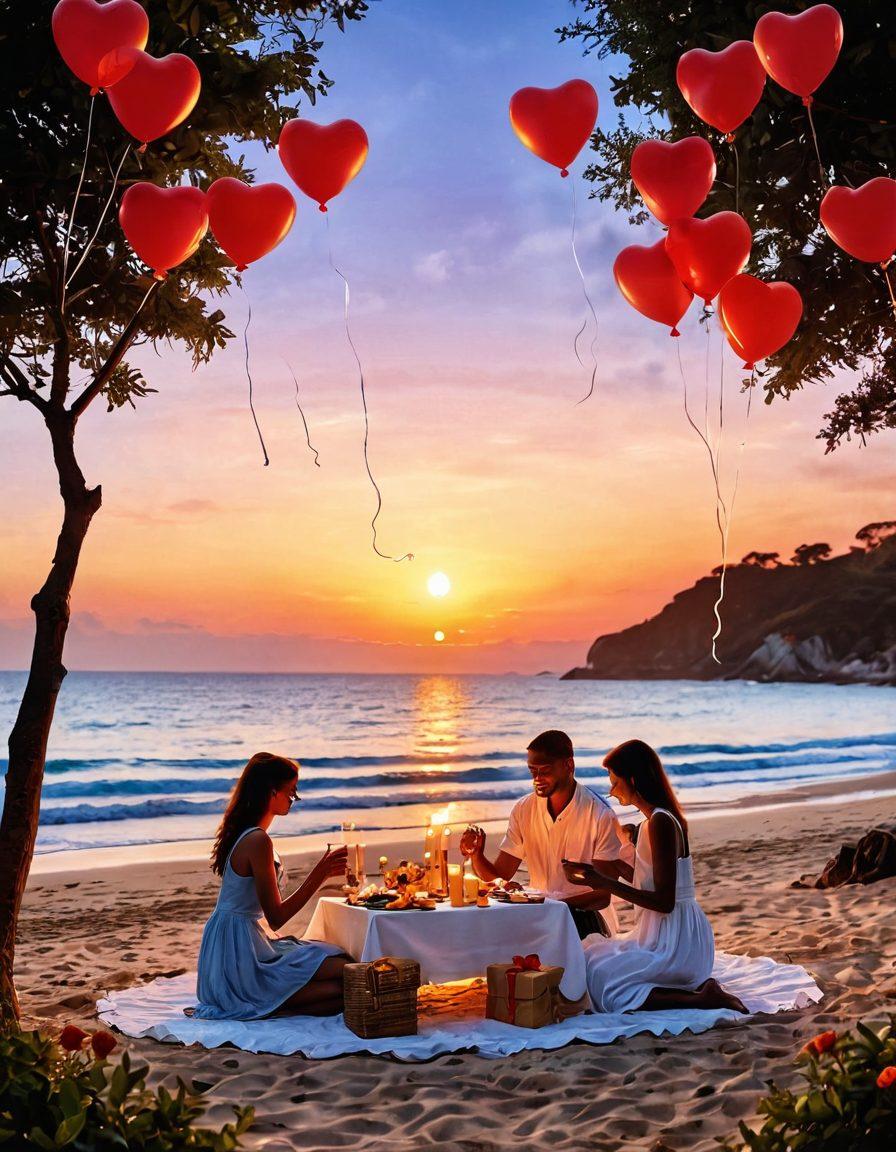 A whimsical scene depicting various romantic gestures, such as a couple sharing a sunset picnic with handmade gifts, a surprise candlelit dinner with heart-shaped balloons, and a serene beach stroll under twinkling fairy lights. Each gesture should be beautifully illustrated in a way that captures warmth and intimacy, inviting viewers to feel the essence of love in every detail. vibrant colors. painterly style. soft focus.