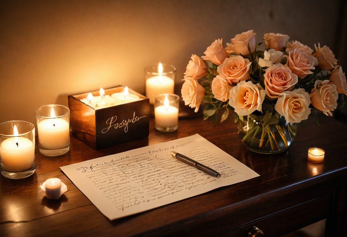 A romantic scene featuring a beautifully handwritten love letter placed atop a cozy table set for two, with soft candlelight illuminating the surroundings. In the background, a calendar filled with creative date night ideas is visible, along with delicate flowers and heartfelt notes scattered around. The atmosphere conveys warmth, intimacy, and emotional connection. super-realistic. warm tones. soft focus.