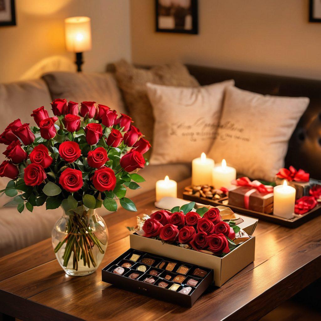 A beautifully arranged romantic setup featuring various heartfelt gifts such as a love letter, a bouquet of red roses, and a box of chocolates, all placed on a cozy wooden table illuminated by soft candlelight. The background should depict a warm and intimate environment, possibly with fairy lights and a plush sofa. A couple’s silhouette can be seen sharing a tender moment in the background. super-realistic. warm colors. soft focus.